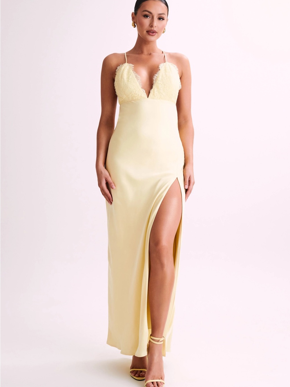 Meshki Pale Yellow Lace-Trim Maxi Slip Dress